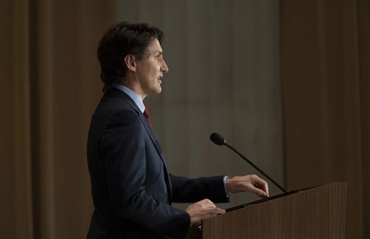Canadian Prime Minister Justin Trudeau speaks during a news conference, Thursday, Feb. 24, 2022 in Ottawa.  THE CANADIAN PRESS/Adrian Wyld