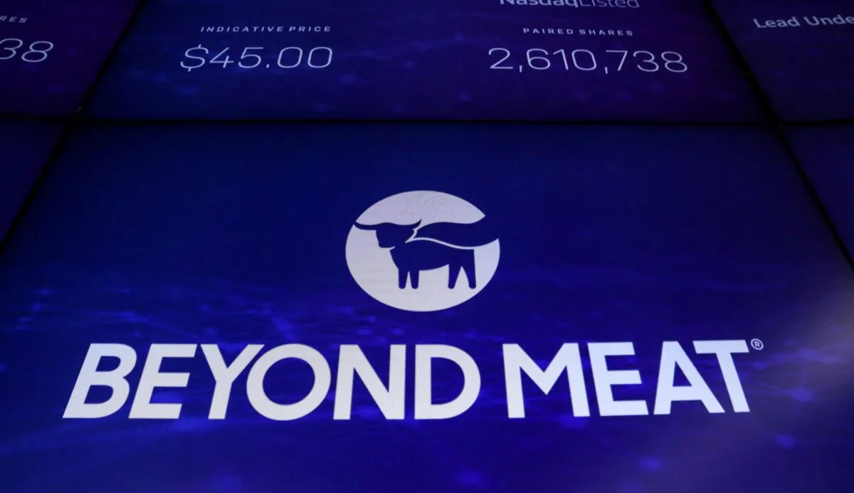 Beyond Meat's company logo is displayed on a screen during the IPO at the Nasdaq Market site in New York, on May 2, 2019. (Brendan McDermid/Reuters)