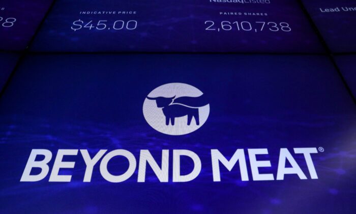 Beyond Meat's company logo is displayed on a screen during the IPO at the Nasdaq Market site in New York, on May 2, 2019. (Brendan McDermid/Reuters)