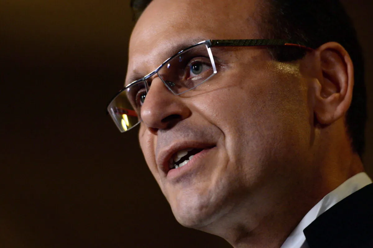 Speaker of the Senate Leo Housakos speaks at a news conference in the Senate foyer on Parliament Hill in Ottawa on June 9, 2015. (The Canadian Press/Sean Kilpatrick)