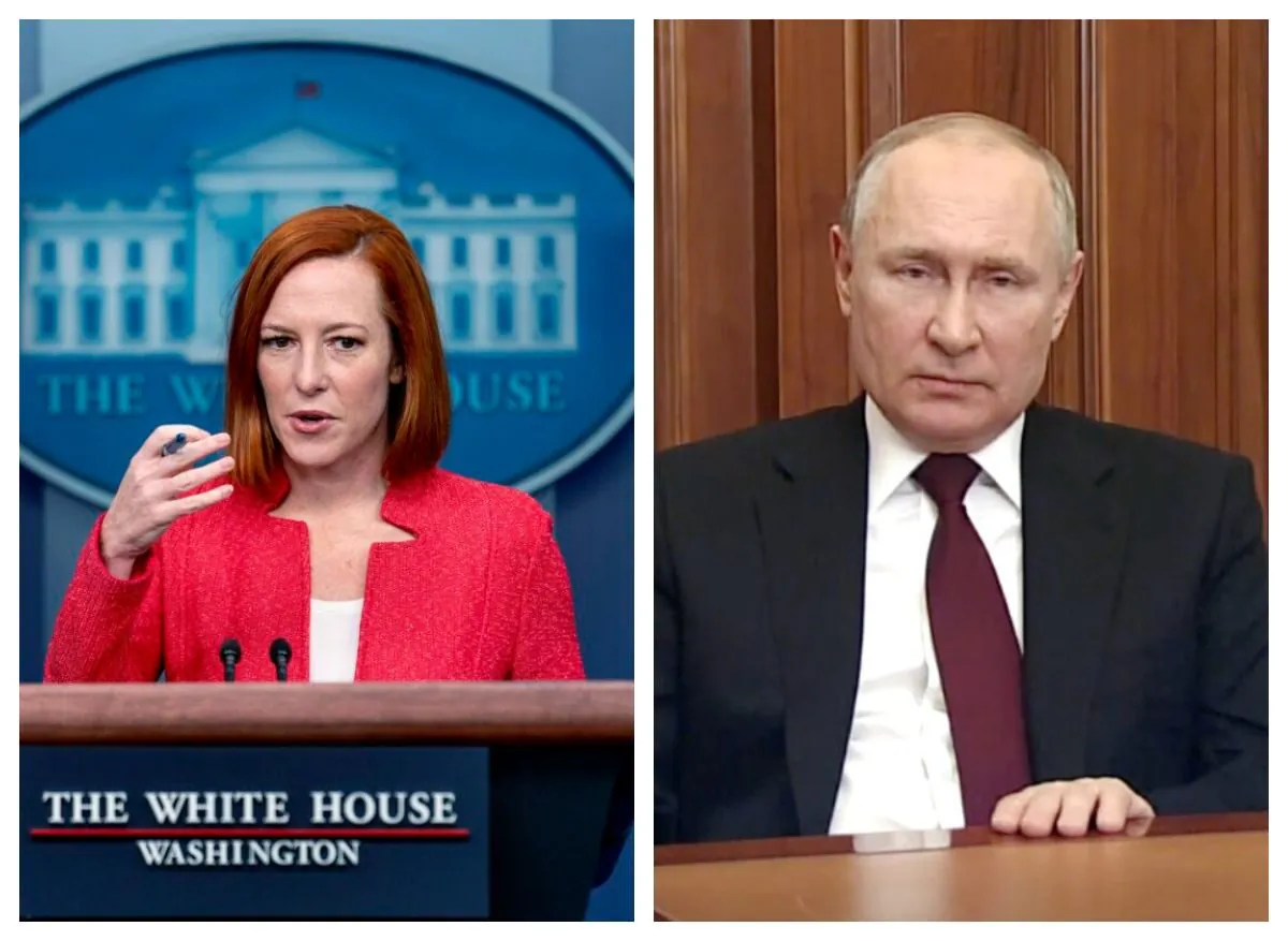 White House press secretary Jen Psaki and Russian President Vladimir Putin. Russian Pool via Reuters/Screenshot via The Epoch Times)