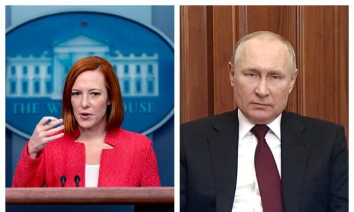 White House press secretary Jen Psaki and Russian President Vladimir Putin. Russian Pool via Reuters/Screenshot via The Epoch Times)