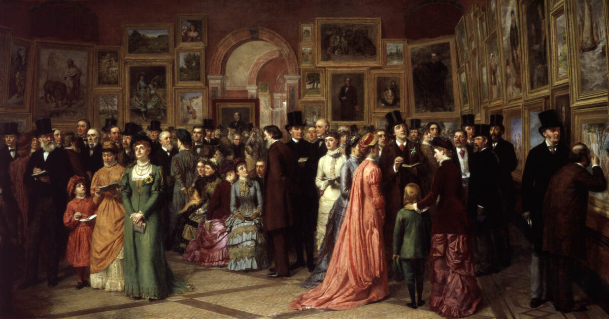 "A Private View at the Royal Academy," circa 1883, by William Powell Frith. Oil on canvas; 23.6 inches by 44.8 inches. Royal Academy of Arts, London. (Public Domain)