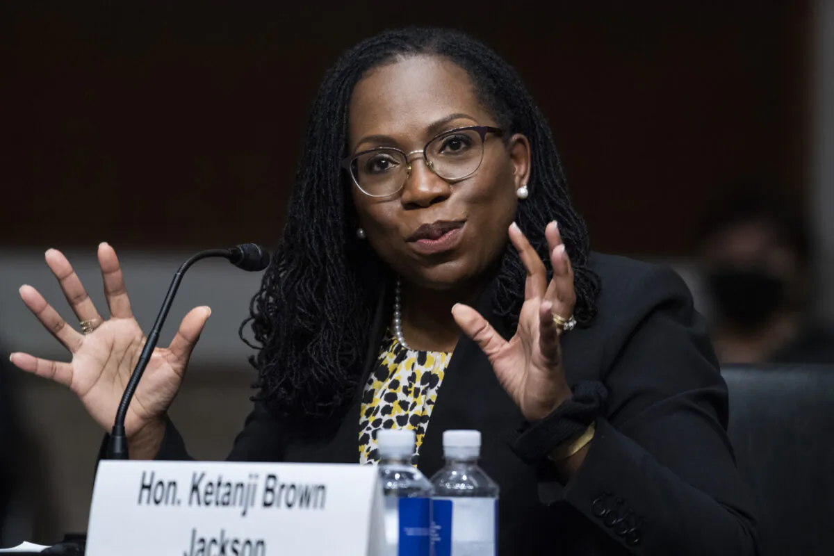 Ketanji Brown Jackson, nominee to be U.S. Circuit Judge for the District of Columbia Circuit, testifies during her Senate Judiciary Committee confirmation hearing in Dirksen Senate Office Building in Washington, on April 28, 2021. (Tom Williams/CQ Roll Call/Pool via Getty Images)