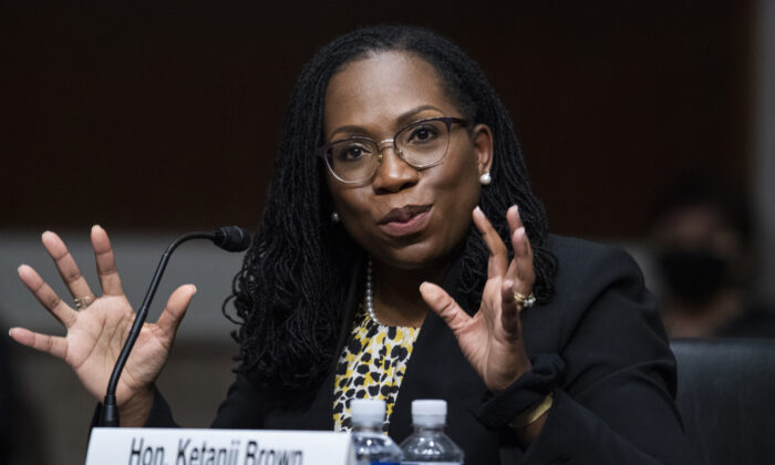 Ketanji Brown Jackson, nominee to be U.S. Circuit Judge for the District of Columbia Circuit, testifies during her Senate Judiciary Committee confirmation hearing in Dirksen Senate Office Building in Washington, on April 28, 2021. (Tom Williams/CQ Roll Call/Pool via Getty Images)