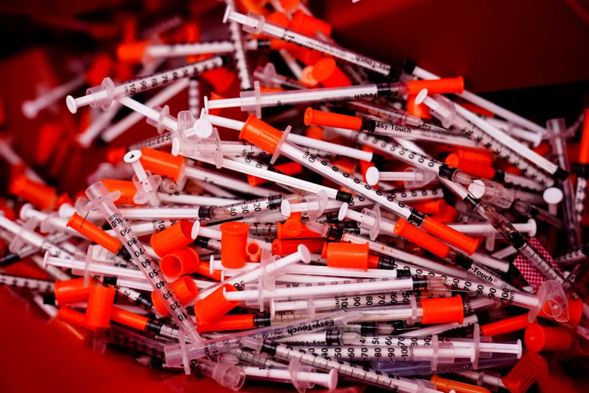 Used syringes collected at a needle exchange run by Camden Area Health Education Center in Camden, N.J., on Feb. 24, 2022. (Matt Rourke/AP Photo)