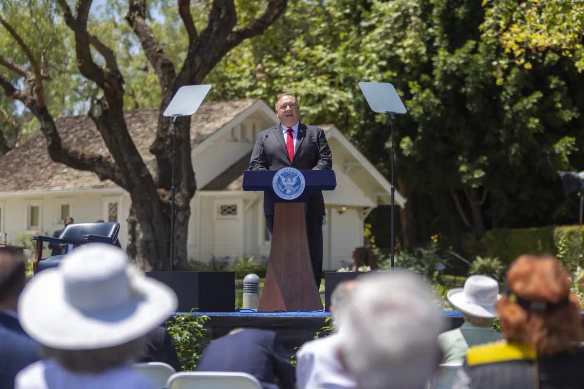 U.S. Secretary of State Mike Pompeo delivers a speech on communist China and the future of the free world at the Richard Nixon Presidential Library in Yorba Linda, California, on July 23, 2020. (David McNew/Getty Images)