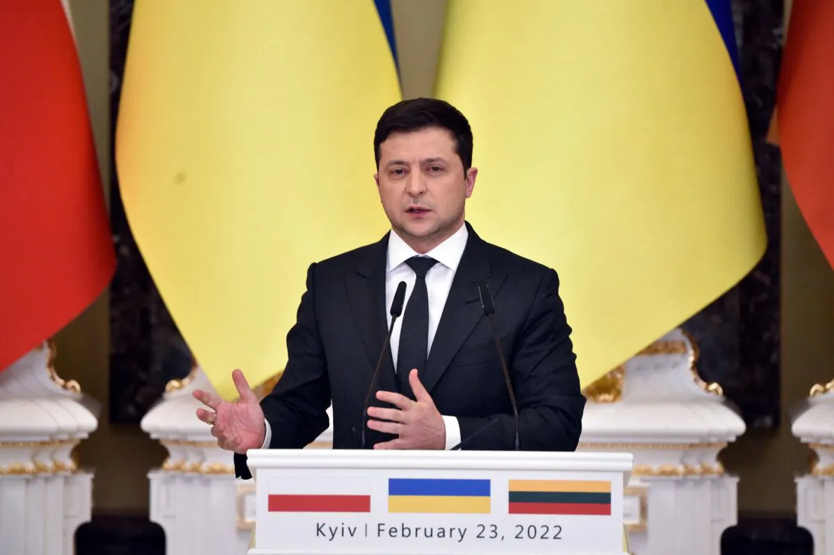 Ukrainian President Volodymyr Zelensky attends a joint press conference with his counterparts from Lithuania and Poland following their talks in Kyiv, Ukraine, on Feb. 23, 2022. (Sergei Supinsky/AFP via Getty Images)