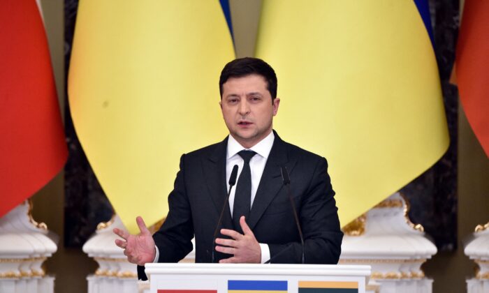 Ukrainian President Volodymyr Zelensky attends a joint press conference with his counterparts from Lithuania and Poland following their talks in Kyiv, Ukraine, on Feb. 23, 2022. (Sergei Supinsky/AFP via Getty Images)