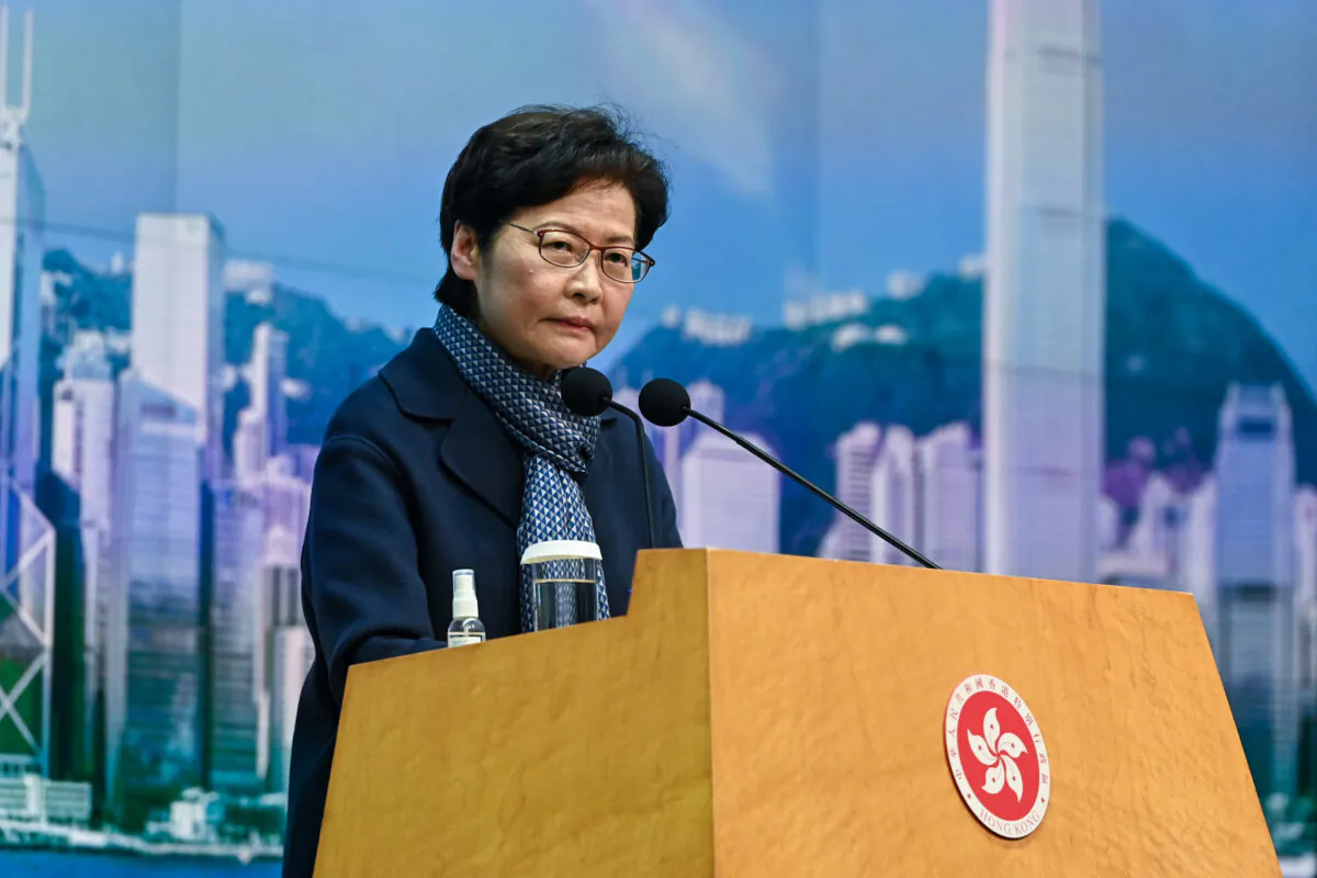 Hong Kong Chief Executive Carrie Lam attends a press conference in Hong Kong, on Feb. 18, 2022. (Sung Pi-Lung/The Epoch Times)
