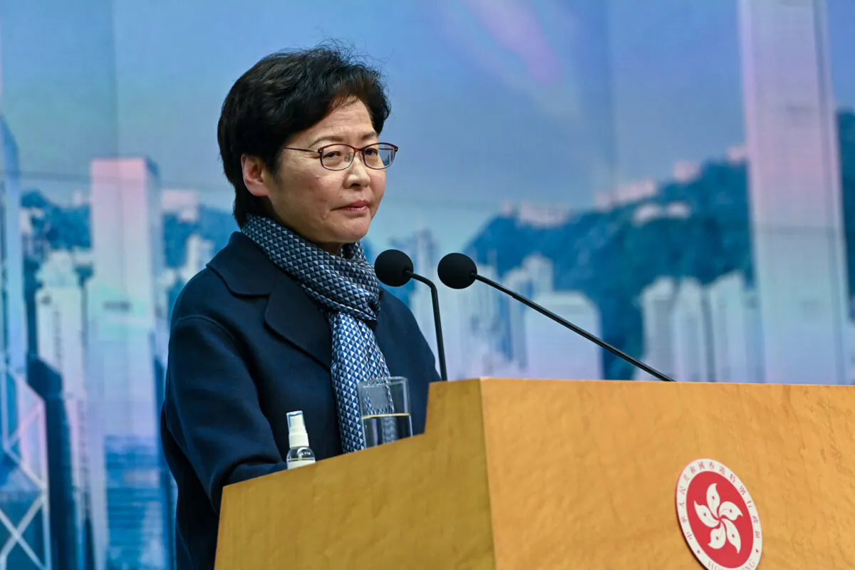 Hong Kong Chief Executive Carrie Lam attends a press conference in Hong Kong, on Feb. 18, 2022. (Sung Pi-Lung/The Epoch Times)
