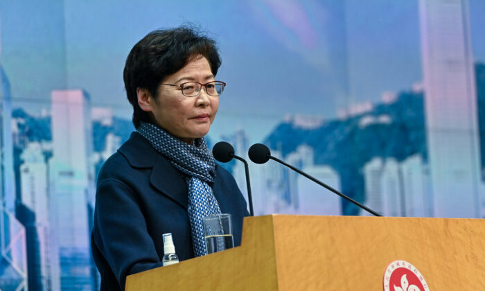 Hong Kong Chief Executive Carrie Lam attends a press conference in Hong Kong, on Feb. 18, 2022. (Sung Pi-Lung/The Epoch Times)
