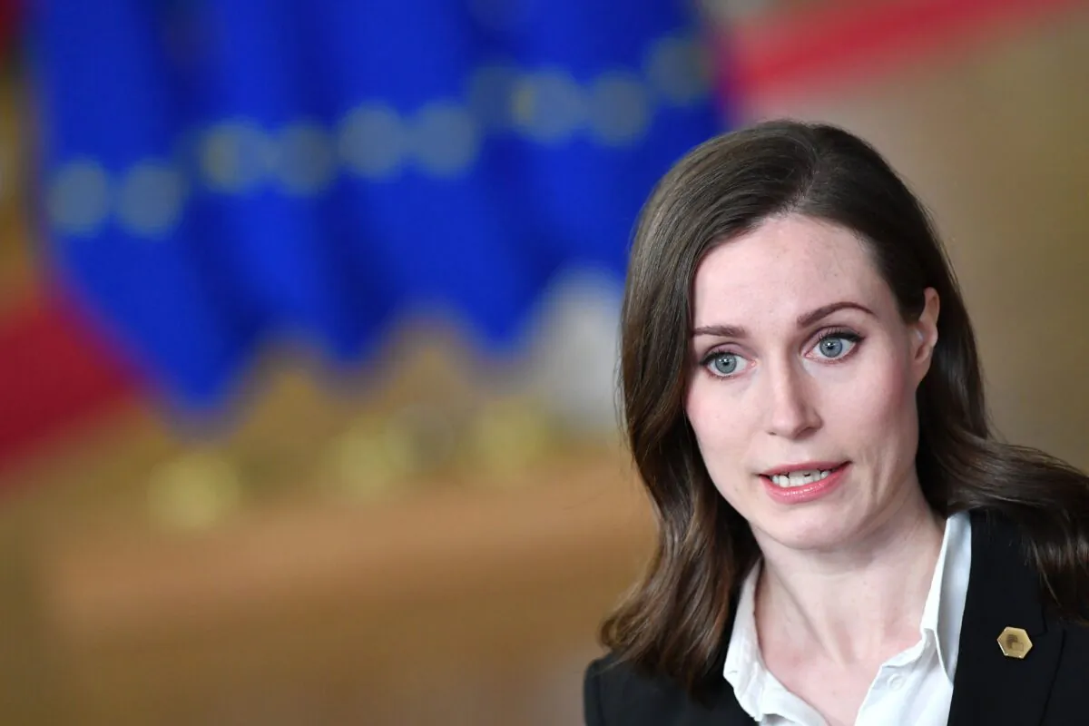 Finland's Prime Minister Sanna Marin speaks to press at the emergency European Union summit in Brussels on Feb. 24, 2022. (John Thys/Pool/AFP via Getty Images)
