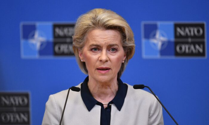 European Commission President Ursula von der Leyen gives a press conference on Russia's military operation in Ukraine after talks with President of the European Council and NATO Secretary General, at NATO headquarters in Brussels, on Feb. 24, 2022. (John Thys/AFP via Getty Images)