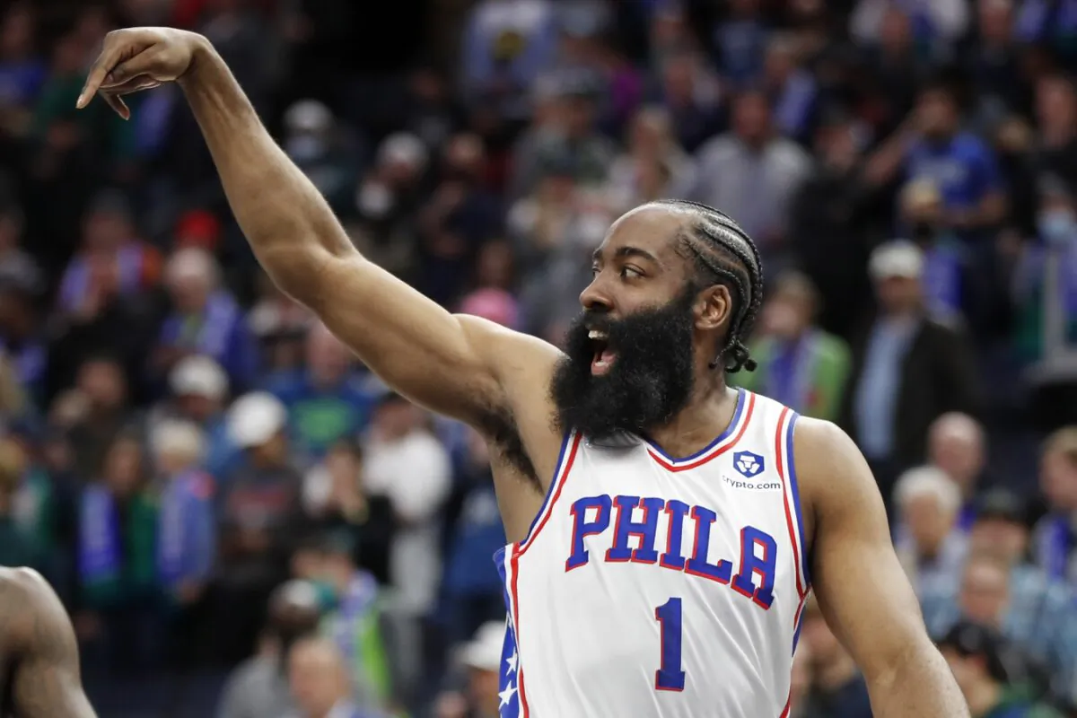 Philadelphia 76ers guard James Harden (1) celebrates a play by his team against the Minnesota Timberwolves at Target Center in Minneapolis, on Feb. 25, 2022. (Bruce Kluckhohn/USA TODAY Sports via Field Level Media)