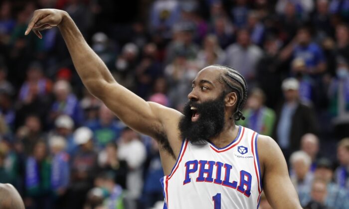 Philadelphia 76ers guard James Harden (1) celebrates a play by his team against the Minnesota Timberwolves at Target Center in Minneapolis, on Feb. 25, 2022. (Bruce Kluckhohn/USA TODAY Sports via Field Level Media)