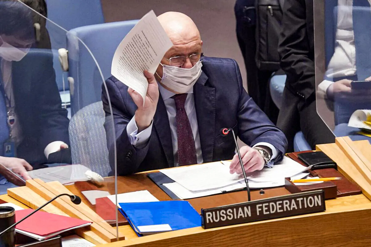 Russia's U.N. Ambassador Vasily Nebenzya addresses the United Nations Security Council, before a vote, on Jan. 31, 2022. (Richard Drew/AP Photo)