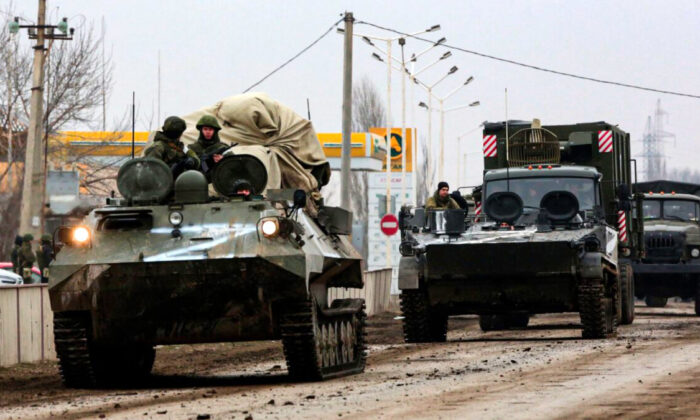 Russian army military vehicles are seen in Armyansk, Crimea, on Feb. 25, 2022. (Stringer/AFP via Getty Images)
