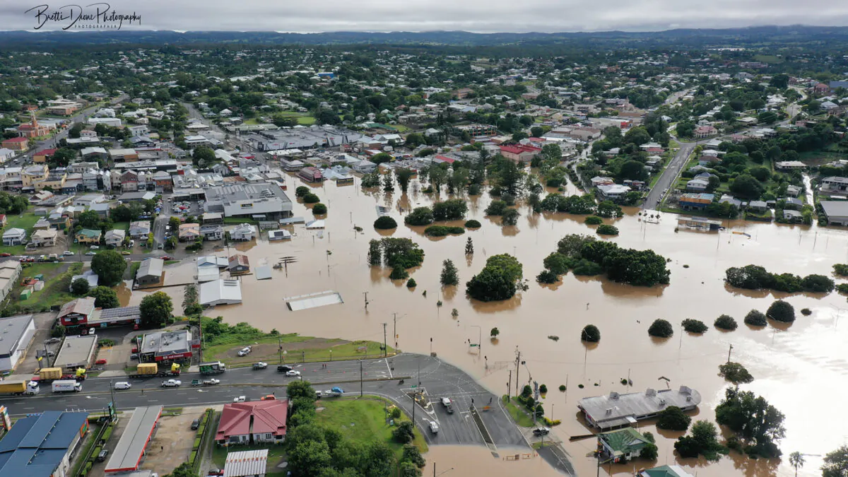 An aerial view of flooding in Gympie in Queensland, Australia, on Feb. 26, 2022. (AAP Image/Supplied by Brett's Drone Photography)