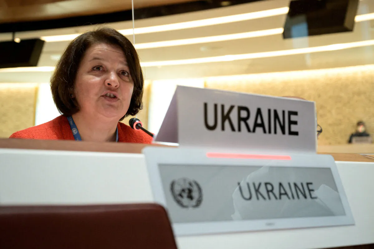 Ukraine's ambassador Yevheniia Filipenko speaks at the opening of a session of the U.N. Human Rights Council, following the Russian invasion in Ukraine, in Geneva, Switzerland, on Feb. 28, 2022. (Fabrice Coffrini/Pool via Reuters)