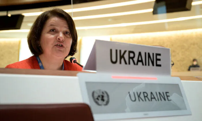 Ukraine's ambassador Yevheniia Filipenko speaks at the opening of a session of the U.N. Human Rights Council, following the Russian invasion in Ukraine, in Geneva, Switzerland, on Feb. 28, 2022. (Fabrice Coffrini/Pool via Reuters)