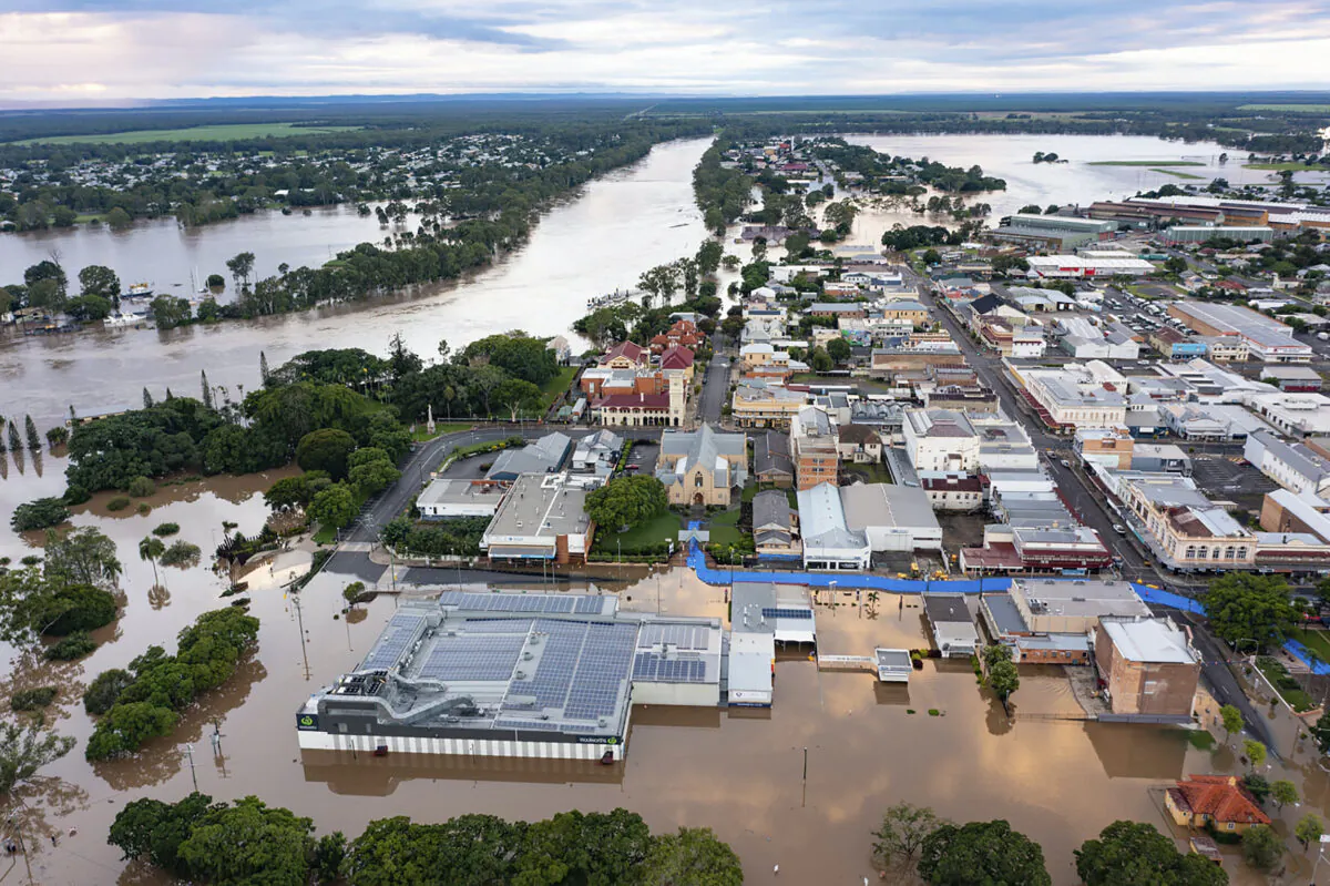 Water floods streets and houses in Maryborough,  Australia, on Feb. 28, 2022. (Queensland Fire and Emergency Services via AP)
