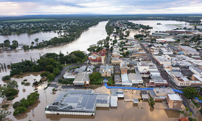 Water floods streets and houses in Maryborough,  Australia, on Feb. 28, 2022. (Queensland Fire and Emergency Services via AP)
