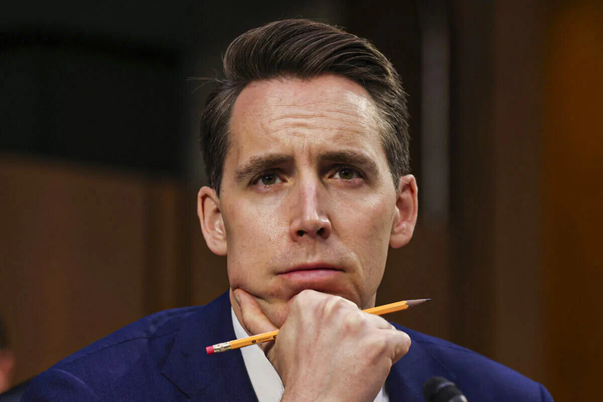 Senator Josh Hawley (R-Mo.) looks on during a Senate Judiciary Committee hearing on voting rights on Capitol Hill in Washington on April 20, 2021. (Evelyn Kockstein/Pool/AFP via Getty Images)