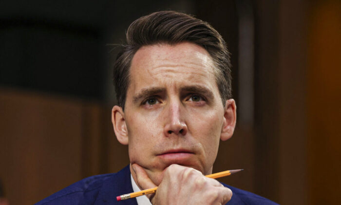 Senator Josh Hawley (R-Mo.) looks on during a Senate Judiciary Committee hearing on voting rights on Capitol Hill in Washington on April 20, 2021. (Evelyn Kockstein/Pool/AFP via Getty Images)