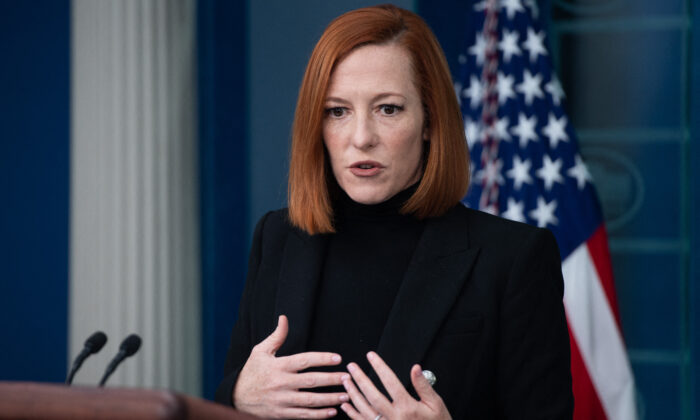 White House press secretary Jen Psaki holds a press briefing in the Brady Press Briefing Room of the White House in Washington, on Feb. 25, 2022. (Paul Loeb/AFP via Getty Images)