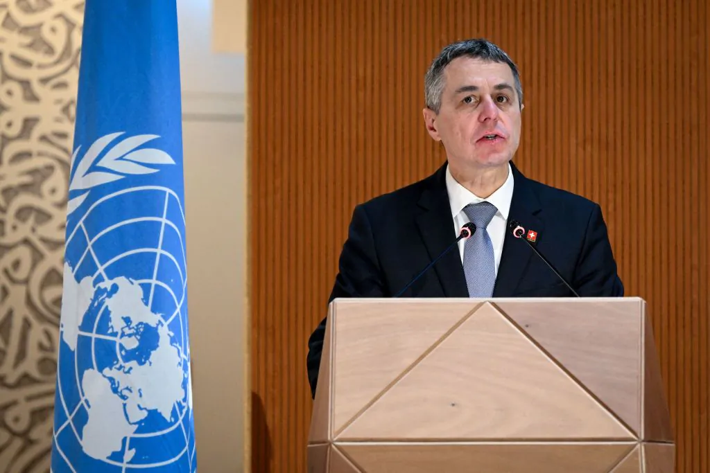 Swiss President Ignazio Cassis delivers a speech at the opening of a session of the UN Human Rights Council on February 28, 2022 in Geneva. - The UN Human Rights Council voted to hold an urgent debate about Russia's deadly invasion of Ukraine at Kyiv's request, amid widespread international condemnation of Moscow's attack. (FABRICE COFFRINI/AFP via Getty Images)