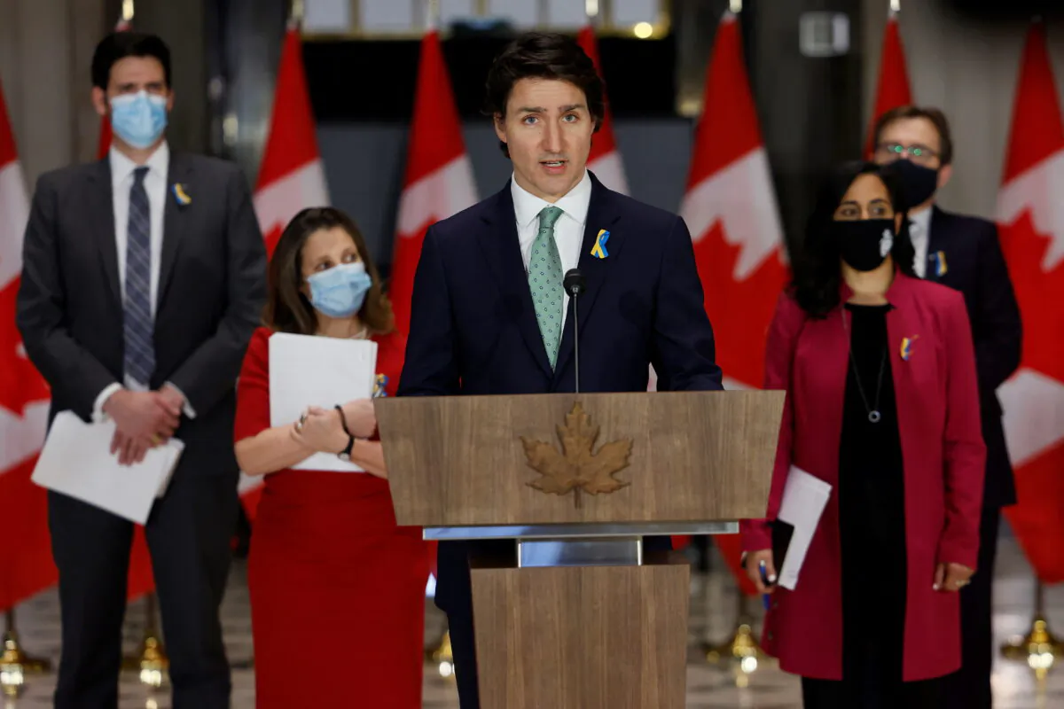 Canada's Prime Minister Justin Trudeau attends a news conference in Ottawa, Ontario, Canada on Feb. 28, 2022. (Blair Gable/Reuters)