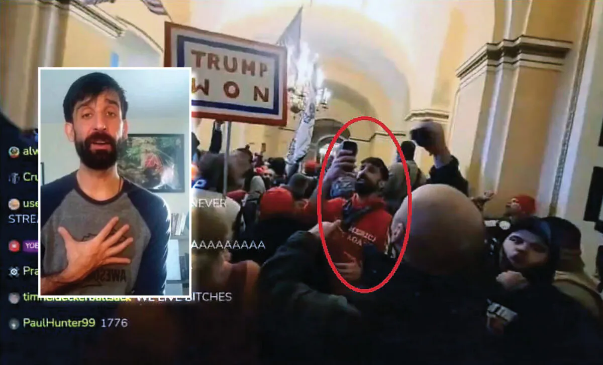 Matthew L. Perna spent 20 minutes in the U.S. Capitol on Jan. 6, 2021. He took his own life Feb. 25 after learning prosecutors will seek a longer jail term. (Left: @TaylerUSA/Twitter; U.S. Department of Justice/Screenshot via The Epoch Times)