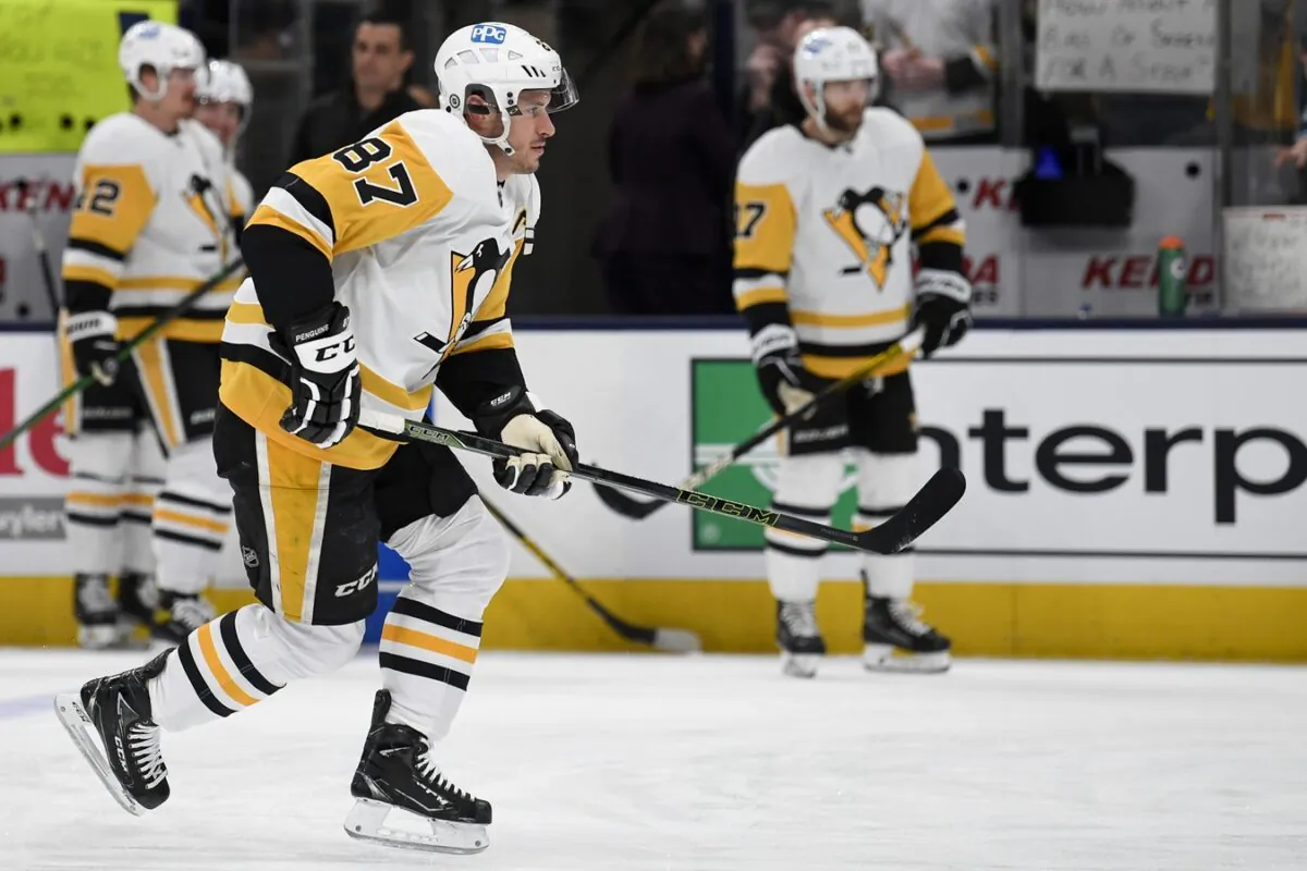 Pittsburgh Penguins center Sidney Crosby (87) skates during warmups before playing the Columbus Blue Jackets at Nationwide Arena in Columbus, Ohio, on Feb. 27, 2022. (Gaelen Morse/USA TODAY Sports via Field Level Media)