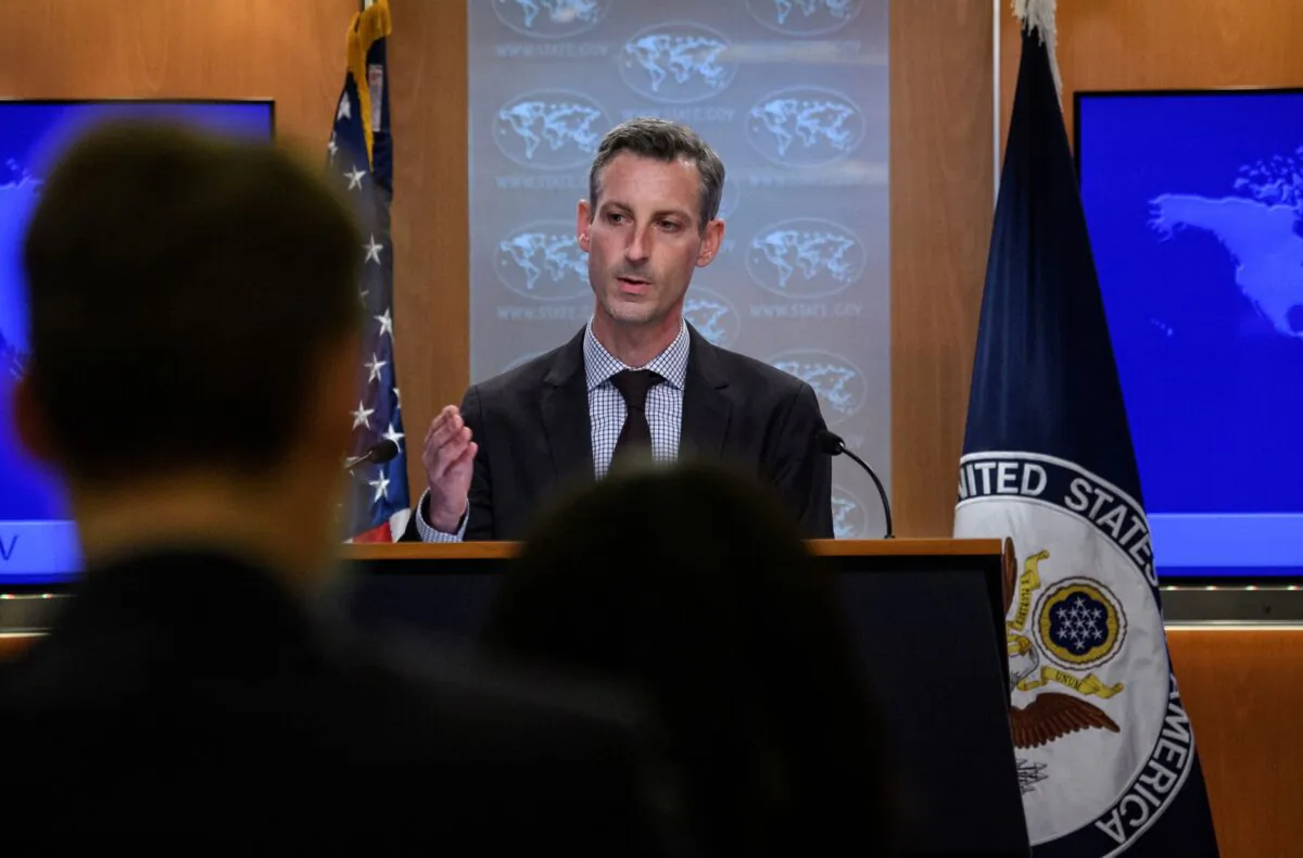 U.S. State Department spokesperson Ned Price speaks at the daily briefing, at the State Department in Wash., on Feb. 25, 2022. (Nicholas Kamm/Pool via Reuters/File Photo)