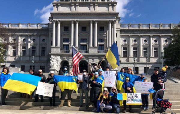 Ukrainian war protest on the steps of the Pennsylvania Capitol building, Harrisburg, Penn. Feb. 26, 2022. 