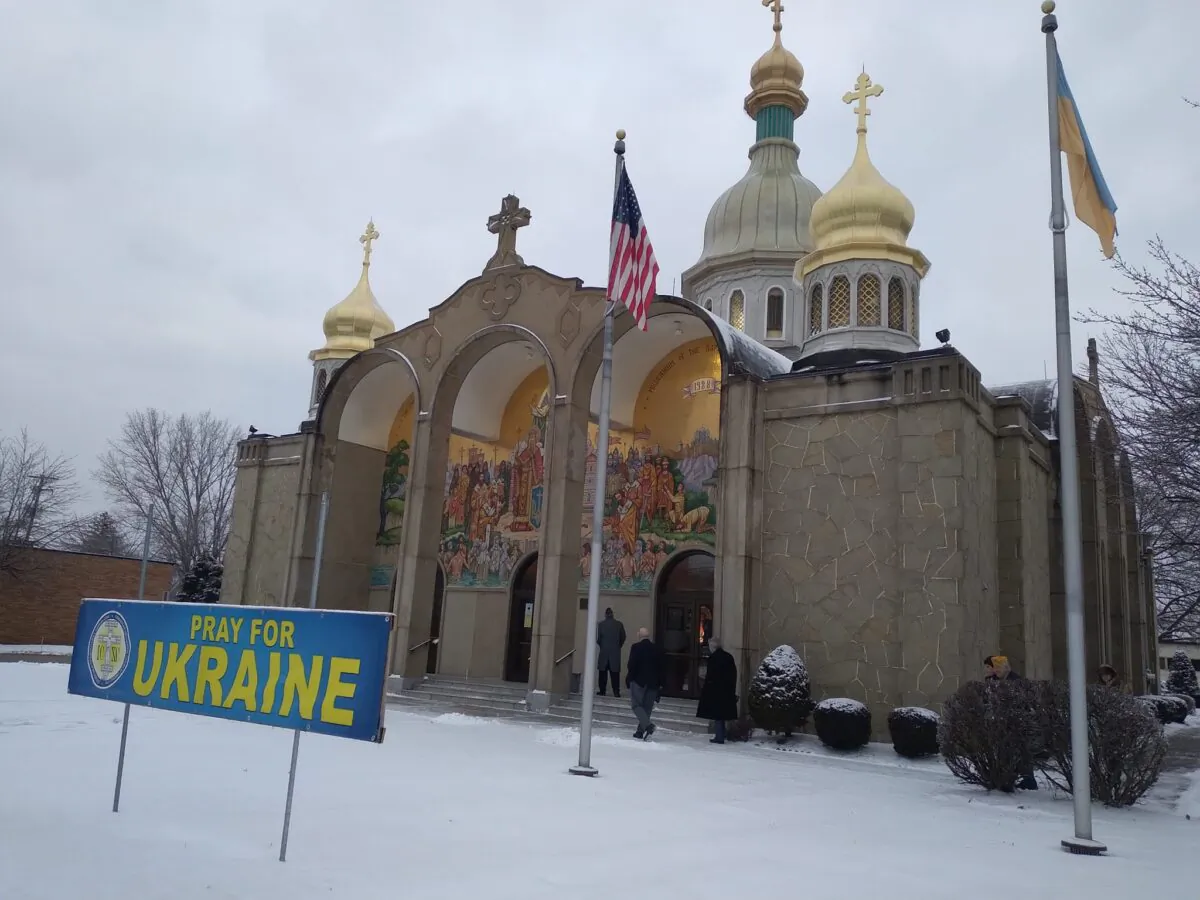 Numerous Ukrainian churches throughout northeast Ohio are hosting prayer services in support of the country under attack by Russia. On Feb. 25, 2022, a prayer service was held at St. Vladimir Ukrainian Orthodox Cathedral in the west Cleveland suburb Parma, Ohio, one of the largest Ukrainian communities in the United States. (Michael Sakal/The Epoch Times)