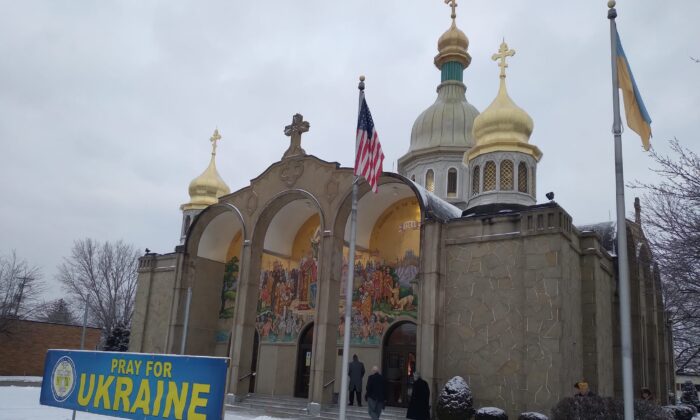 Numerous Ukrainian churches throughout northeast Ohio are hosting prayer services in support of the country under attack by Russia. On Feb. 25, 2022, a prayer service was held at St. Vladimir Ukrainian Orthodox Cathedral in the west Cleveland suburb Parma, Ohio, one of the largest Ukrainian communities in the United States. (Michael Sakal/The Epoch Times)