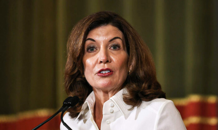 New York Gov. Kathy Hochul speaks at the New York State Capitol in Albany, N.Y., on Aug. 24, 2021. (Michael M. Santiago/Getty Images)