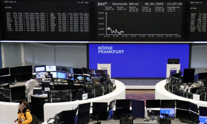 The German share price index DAX graph is pictured at the stock exchange in Frankfurt, Germany, on Feb. 28, 2022. (Staff/Reuters)