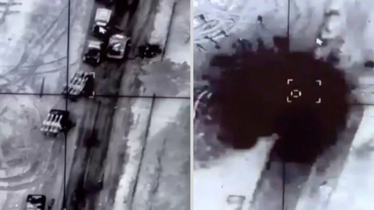 This combination of pictures taken from footage released by Valery Zaluzhny, the chief commander of the armed forces of Ukraine, shows a drone strike on a Russian missile system in the Zhytomyr region on Feb. 27, 2022. (Courtesy of Valery Zaluzhny via Reuters)