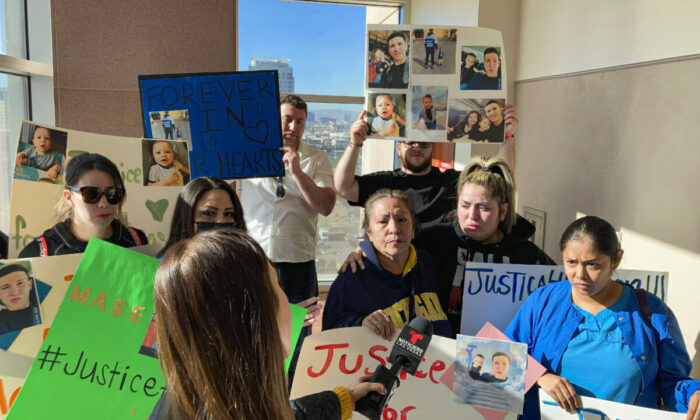 Relatives of a 4-year-old boy whose body was found in a garage freezer in Las Vegas speak with reporters at the Clark County Regional Justice Center after a court hearing for Brandon Lee Toseland on Feb. 28, 2022. (Ken Ritter/AP Photo)