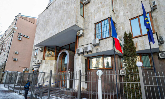 A view shows the embassy of France in Kyiv, Ukraine on Feb. 13, 2022. (Valentyn Ogirenko/Reuters File Photo)
