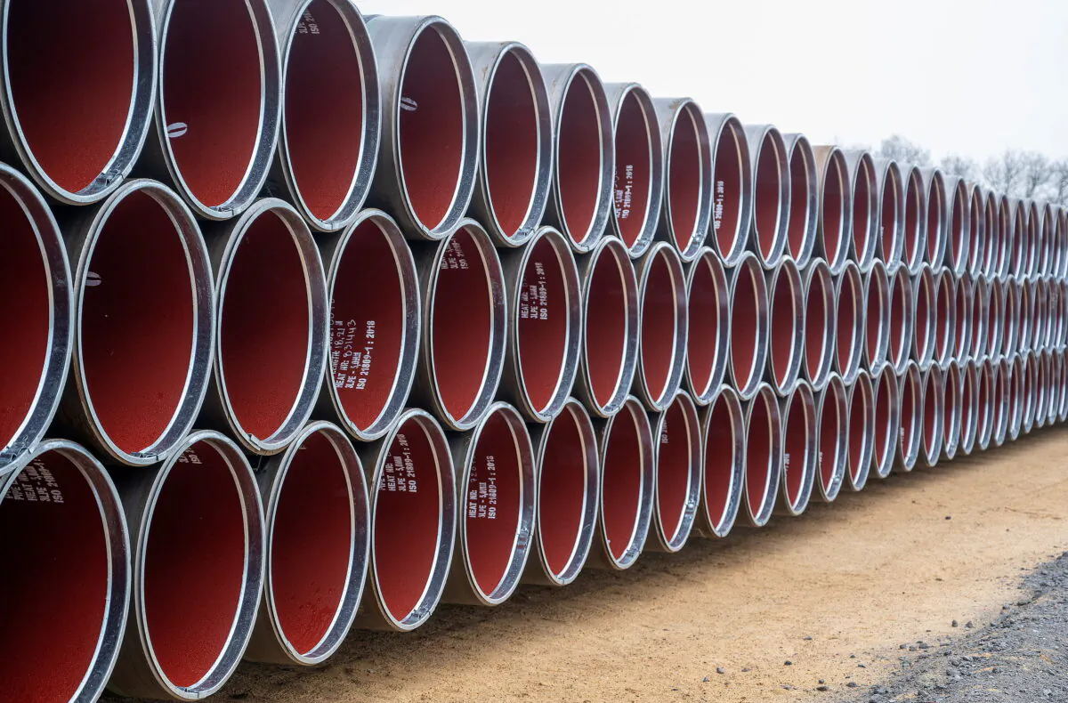 Gas pipes are seen at the construction site of the Baltic Pipe gas pipeline at Houstrup Strand, Denmark, on Feb. 23, 2021. (Ritzau Scanpix/John Randeris via REUTERS)