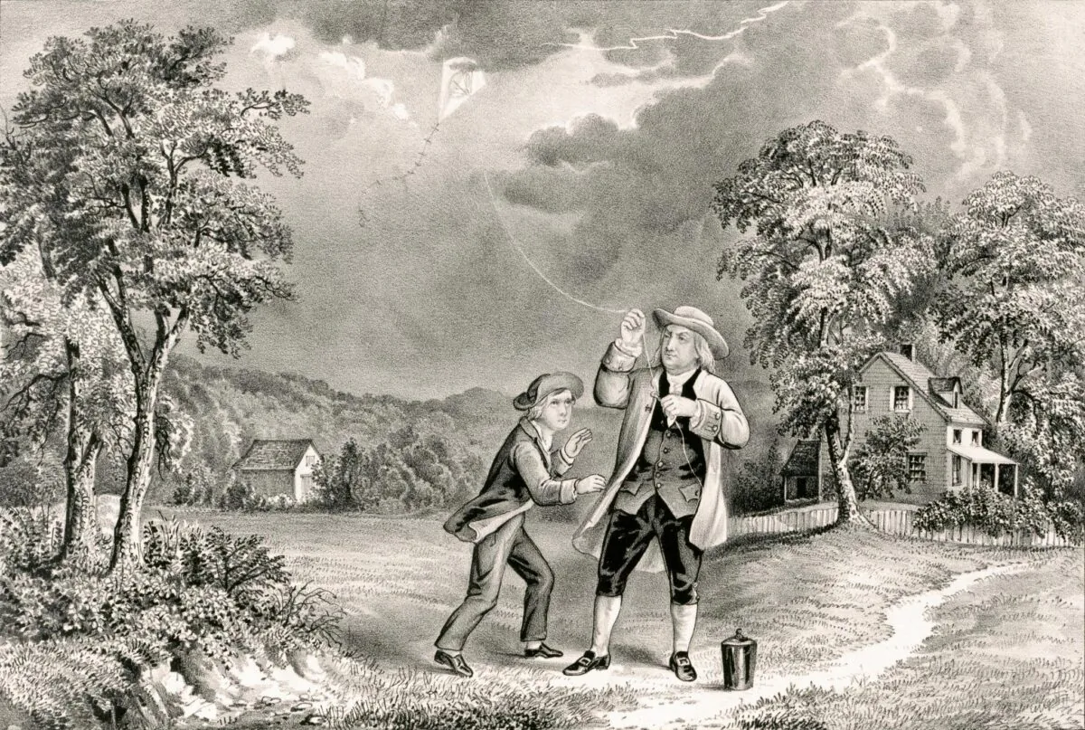 Benjamin Franklin flying a kite during a thunderstorm and collecting ambient electrical charge in a Leyden jar, enabling him to demonstrate the connection between lightning and electricity.
(Keith Lance/DigitalVision Vectors/Getty Images)