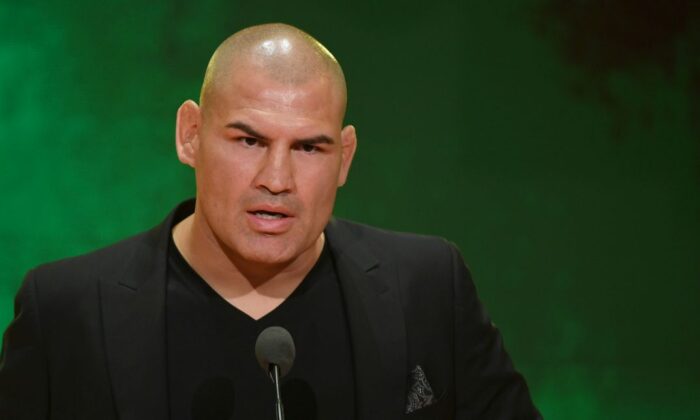 Former UFC heavyweight champion Cain Velasquez speaks at a WWE news conference at T-Mobile Arena on October 11, 2019 in Las Vegas, Nevada.  (Ethan Miller/Getty Images)