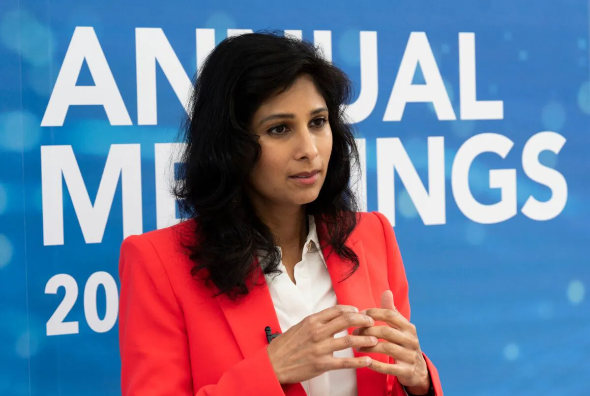 Gita Gopinath, the chief economist of the International Monetary Fund, speaks with AFP outside of their headquarters in Washington, D.C., on Oct. 13, 2020. (Andrew Caballero-Reynolds/AFP via Getty Images)