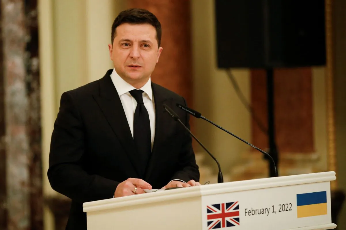 Ukrainian President Volodymyr Zelensky speaks at a news conference at the presidential palace in Kyiv, Ukraine, ahead of talks with British Prime Minister Boris Johnson, on Feb. 1, 2022. (Peter Nicholls/Pool/Getty Images)