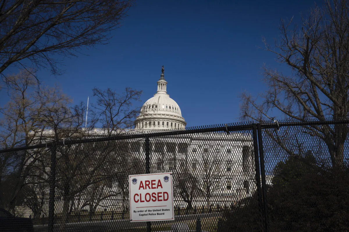 Fences and barriers surround the U.S. Capitol after being reinstalled ahead of President Joe Biden's State of the Union Address before a Joint Session of Congress on Feb. 27, 2022, in Washington, D.C. (Pete Marovich/Getty Images)