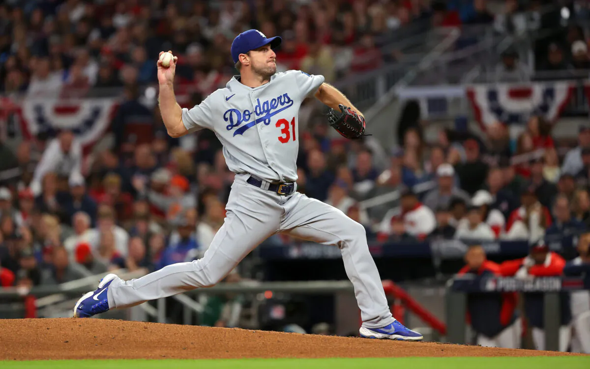 Max Scherzer #31 of the Los Angeles Dodgers pitches against the Atlanta Braves in the first inning of Game Two of the National League Championship Series at Truist Park in Atlanta, on Oct. 17, 2021. (Kevin C. Cox/Getty Images)